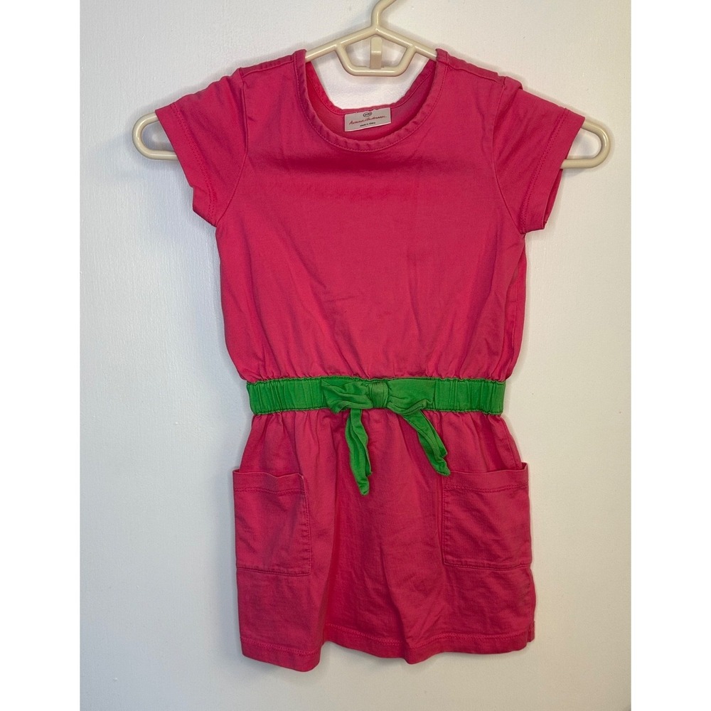 Hanna Andersson Size 100 4-5 Pink Knit Short Sleeve Shirt Dress with Green Bow